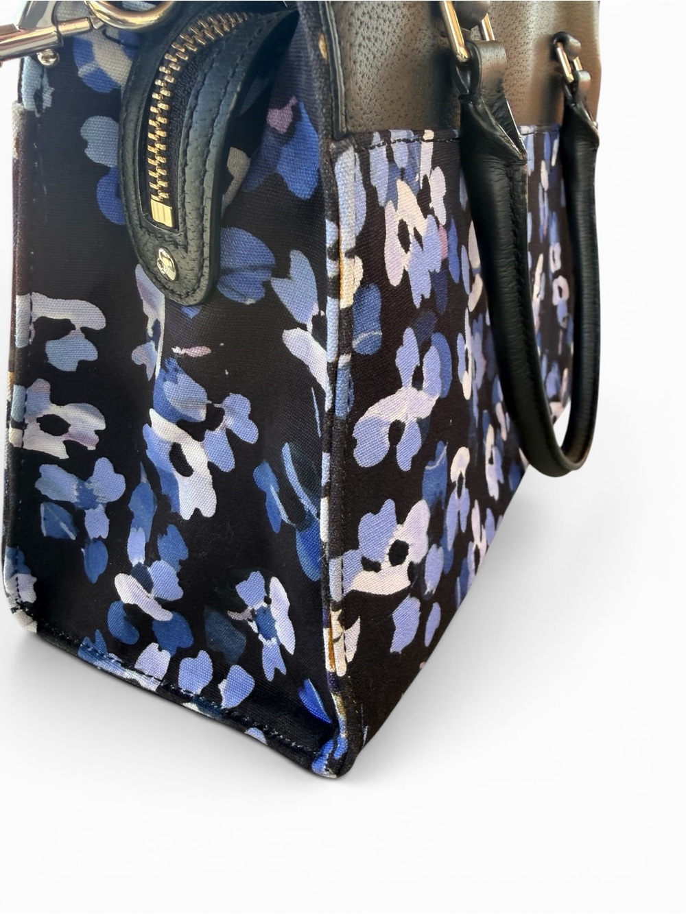 Kate Spade New York Floral Tote Bag Black Leather Top Blue Flower Print - Picture 8 of 10